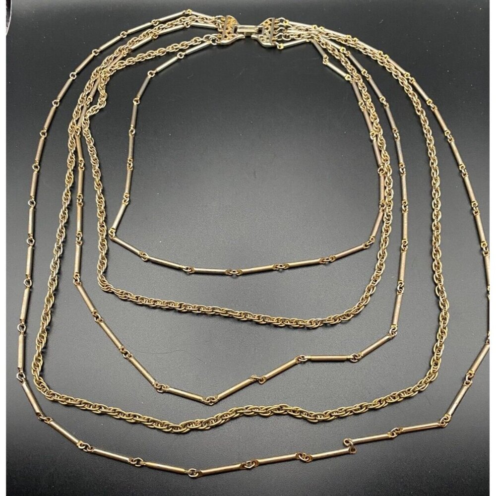 Vtg 50's-60's Chain Necklace Layered Bar Link Rope Yellow Gold Tone 5 Strand 31" - Picture 3 of 6